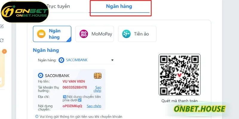 Nạp tiền qua ngân hàng